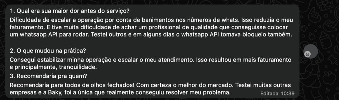 Print de WhatsApp: dor com banimentos, estabilizou e escalou a operação com a BAKY