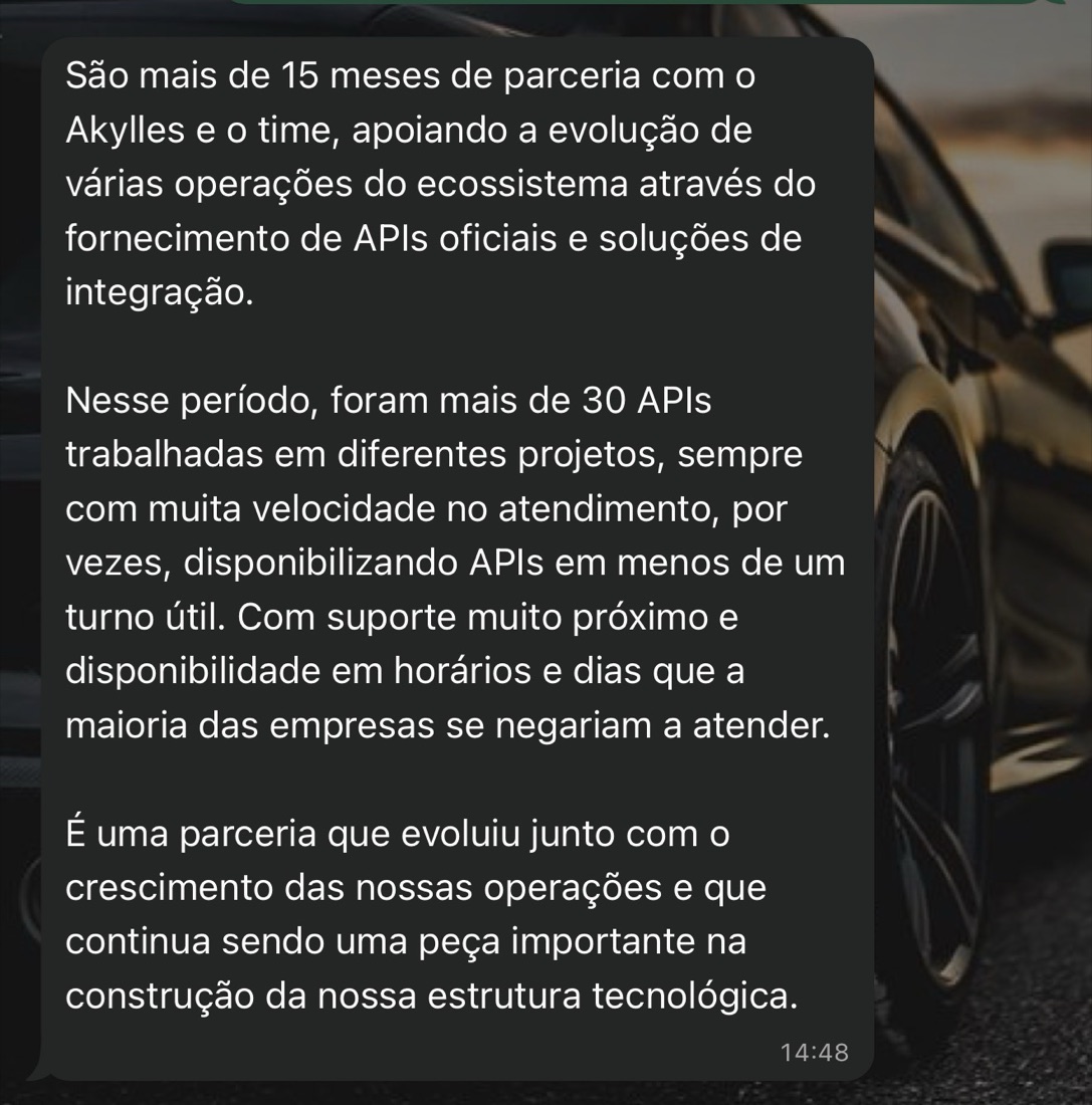 Print de WhatsApp: 15 meses de parceria, mais de 30 APIs implementadas