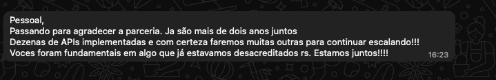 Print de WhatsApp: 2 anos de parceria, dezenas de APIs implementadas
